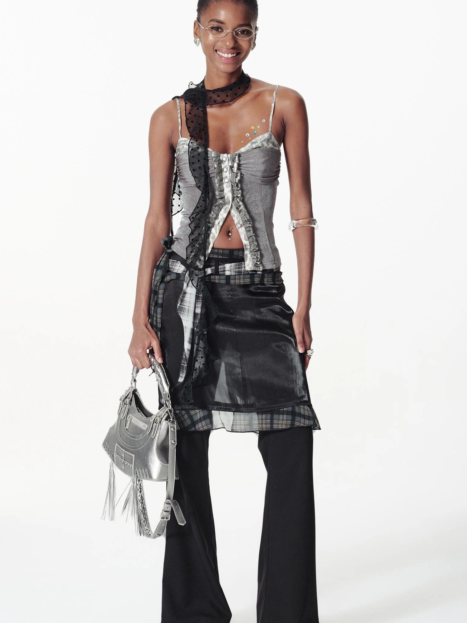 Color Block Plaid Ribbon Layered Flare Palazzo Pants