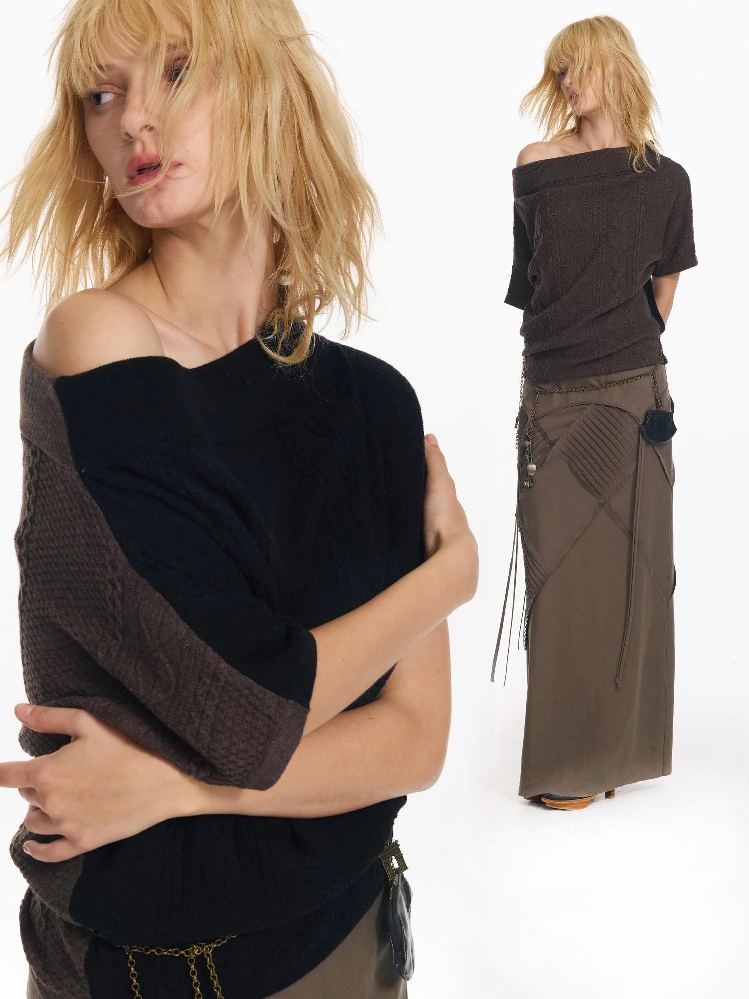 Colorblock Slouchy Batwing Sweater With Cable Knit