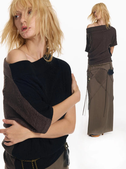 Colorblock Slouchy Batwing Sweater With Cable Knit