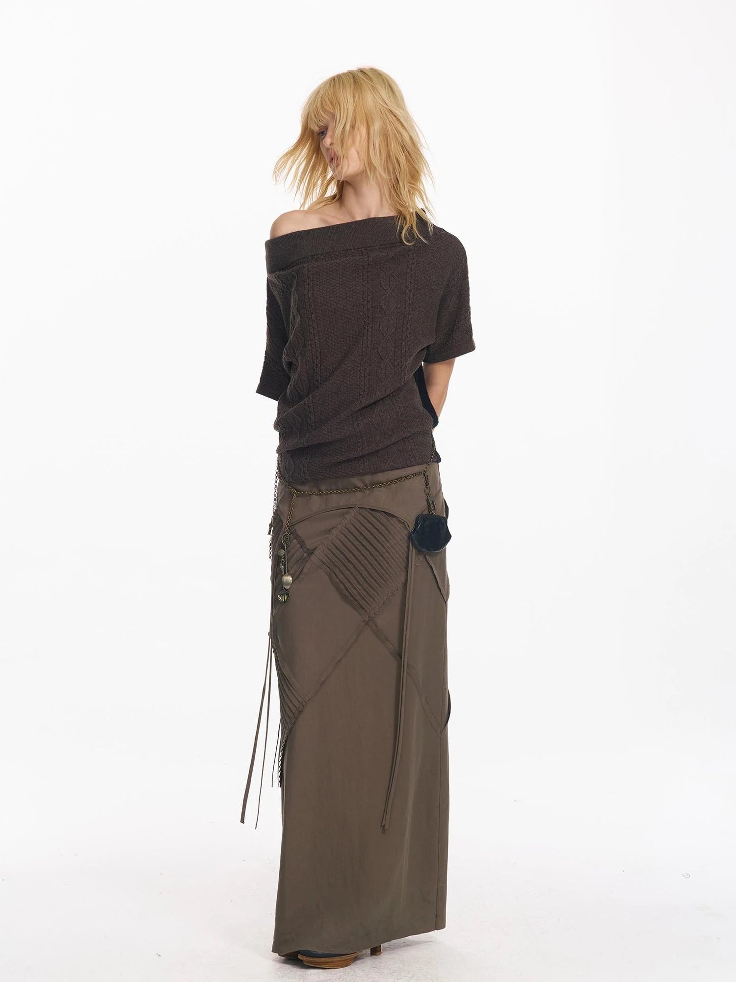 Colorblock Slouchy Batwing Sweater With Cable Knit