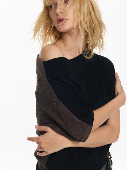 Colorblock Slouchy Batwing Sweater With Cable Knit