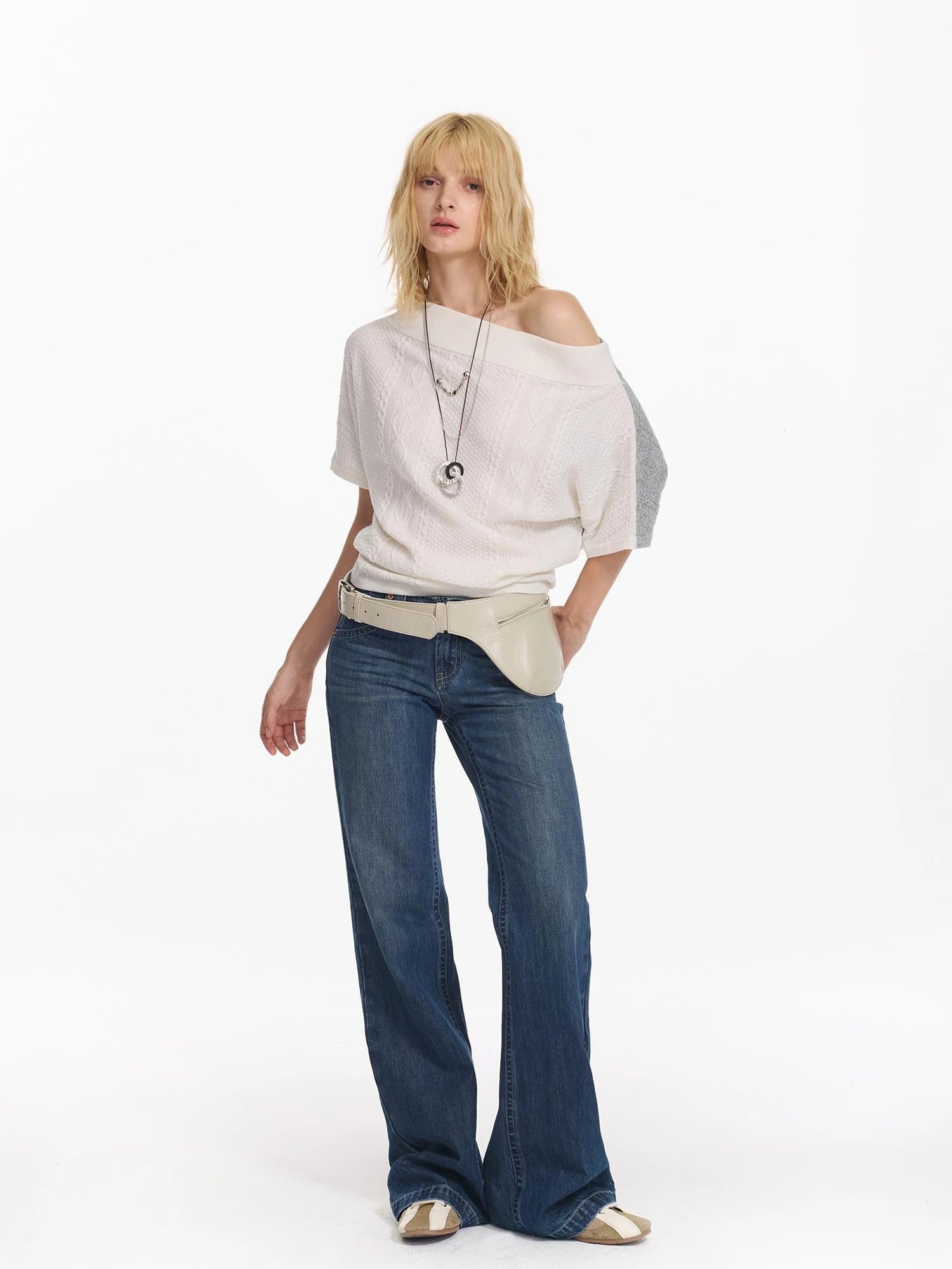 Colorblock Slouchy Batwing Sweater With Cable Knit