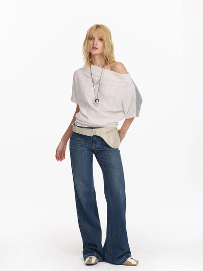 Colorblock Slouchy Batwing Sweater With Cable Knit