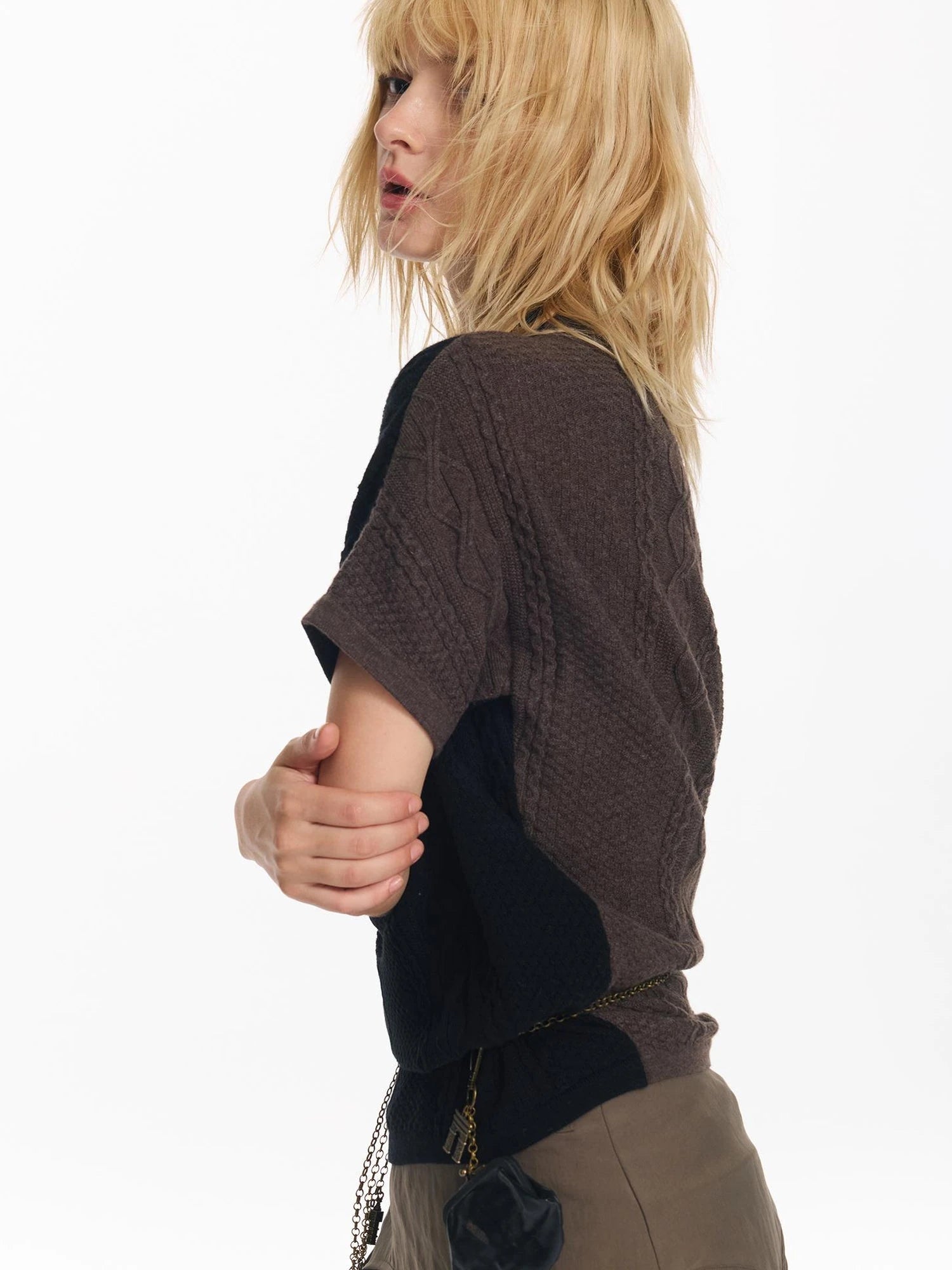 Colorblock Slouchy Batwing Sweater With Cable Knit