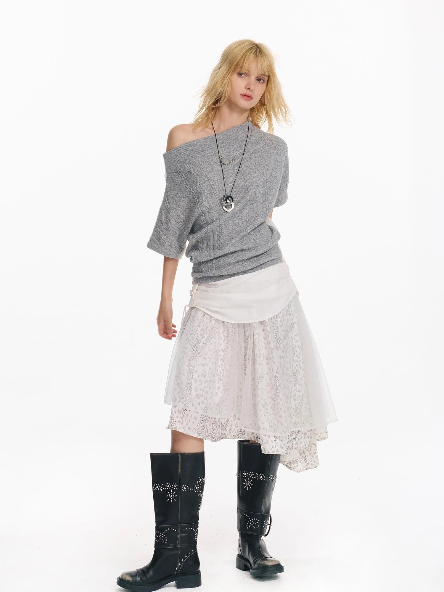 Colorblock Slouchy Batwing Sweater With Cable Knit