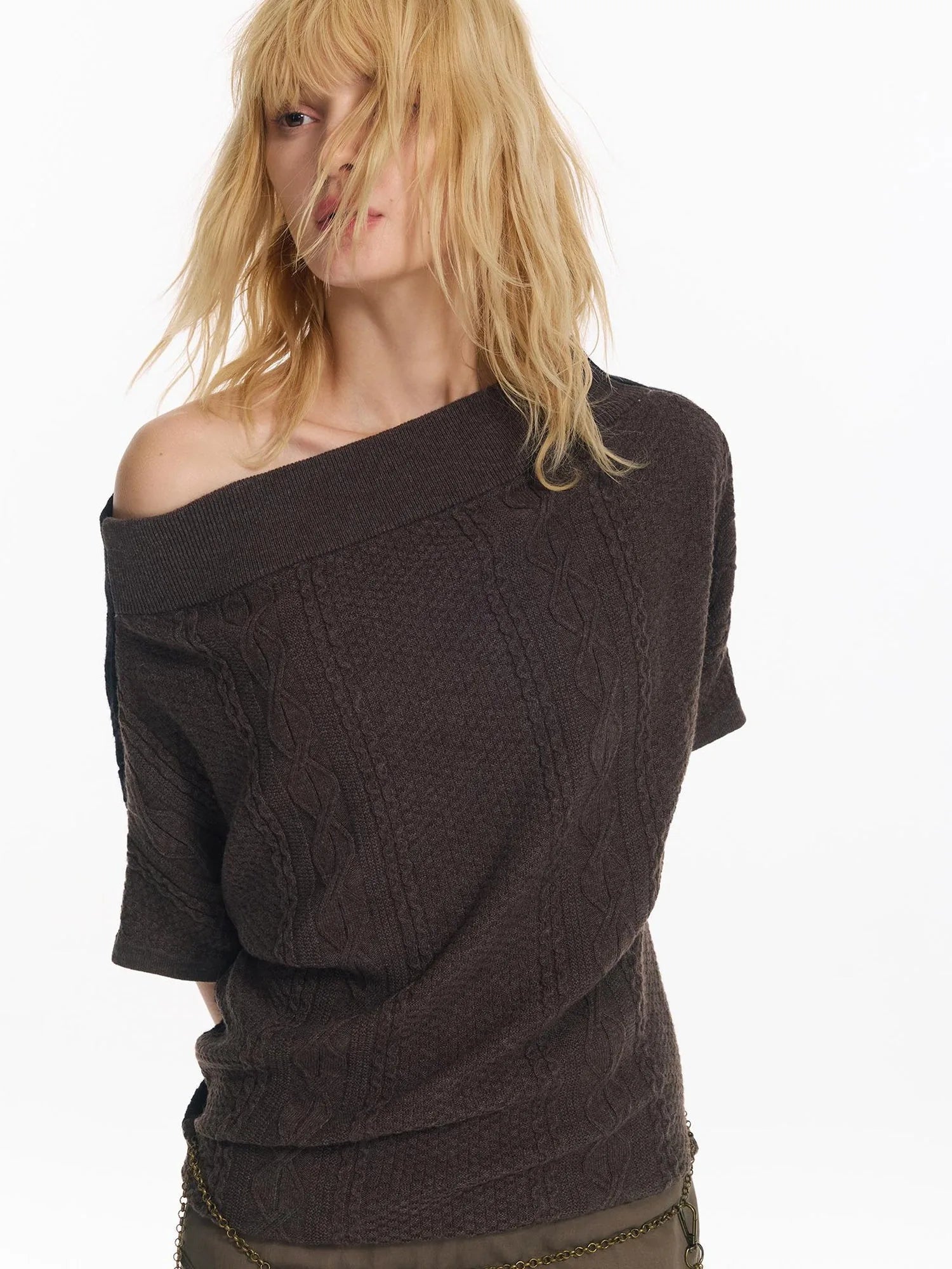 Colorblock Slouchy Batwing Sweater With Cable Knit