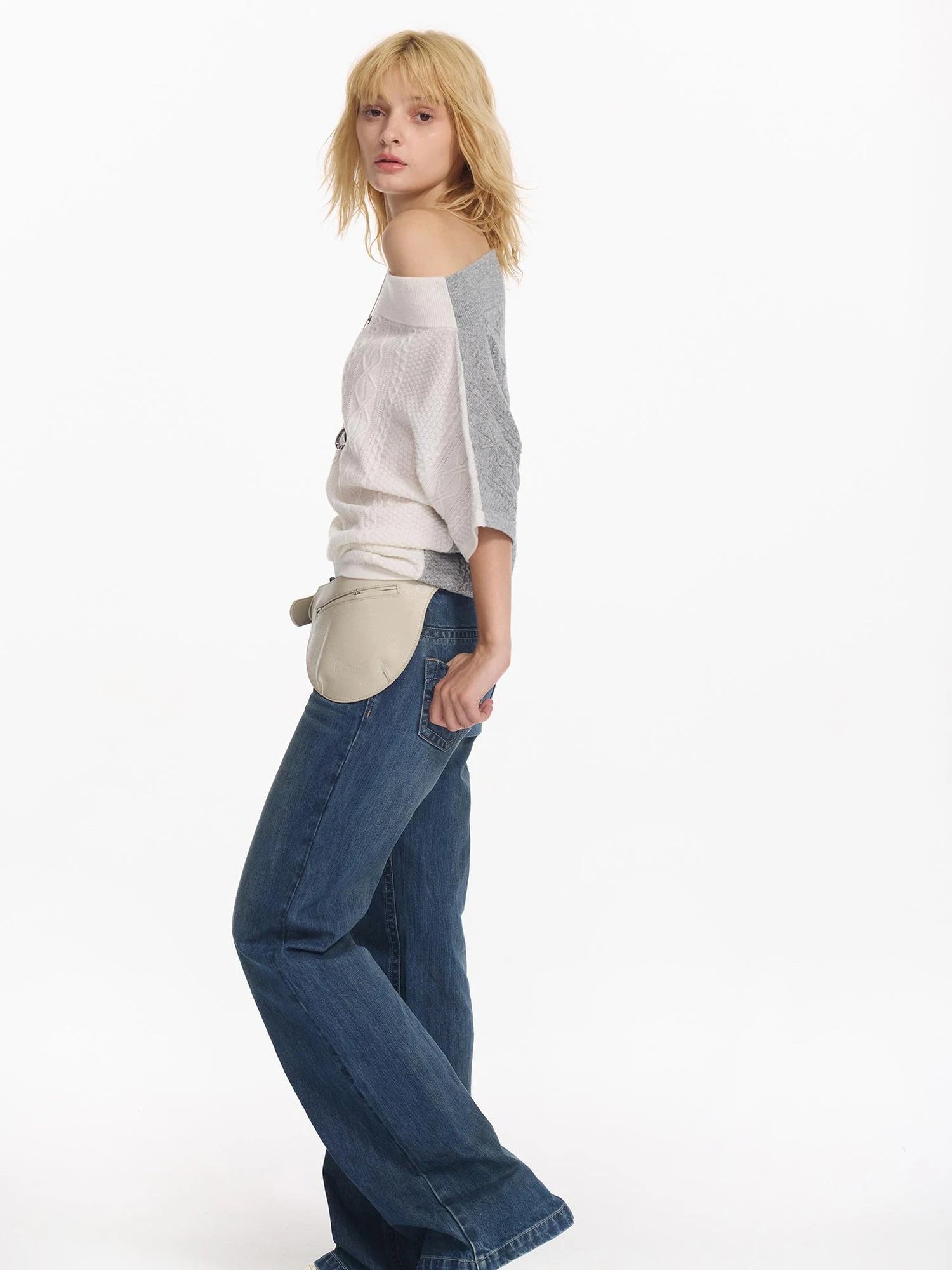 Colorblock Slouchy Batwing Sweater With Cable Knit