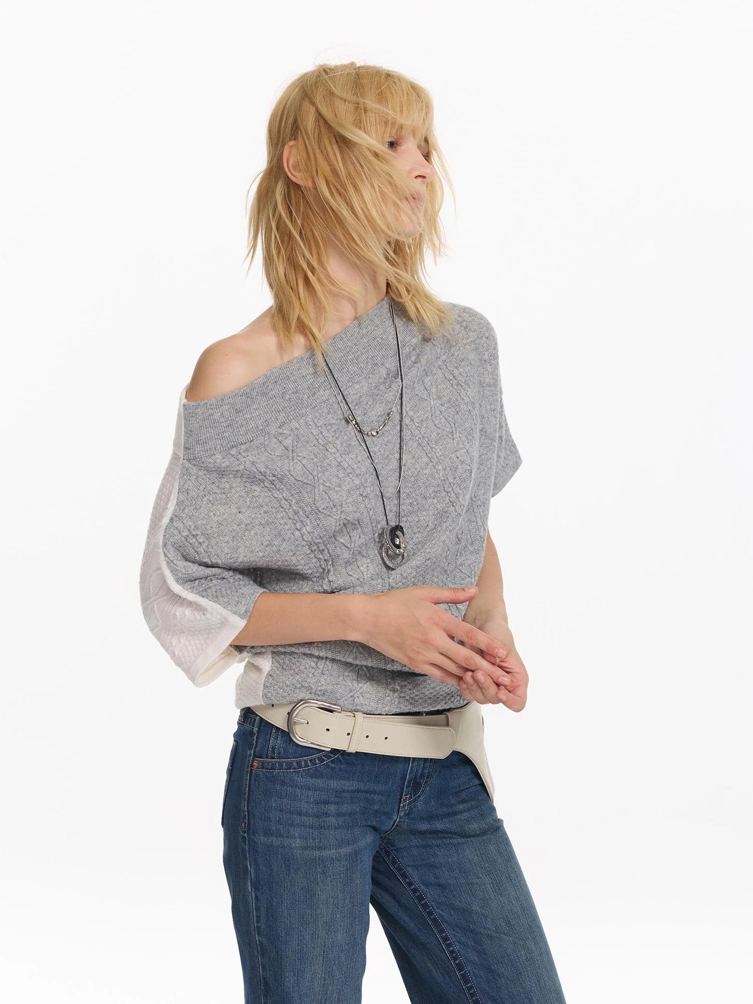 Colorblock Slouchy Batwing Sweater With Cable Knit