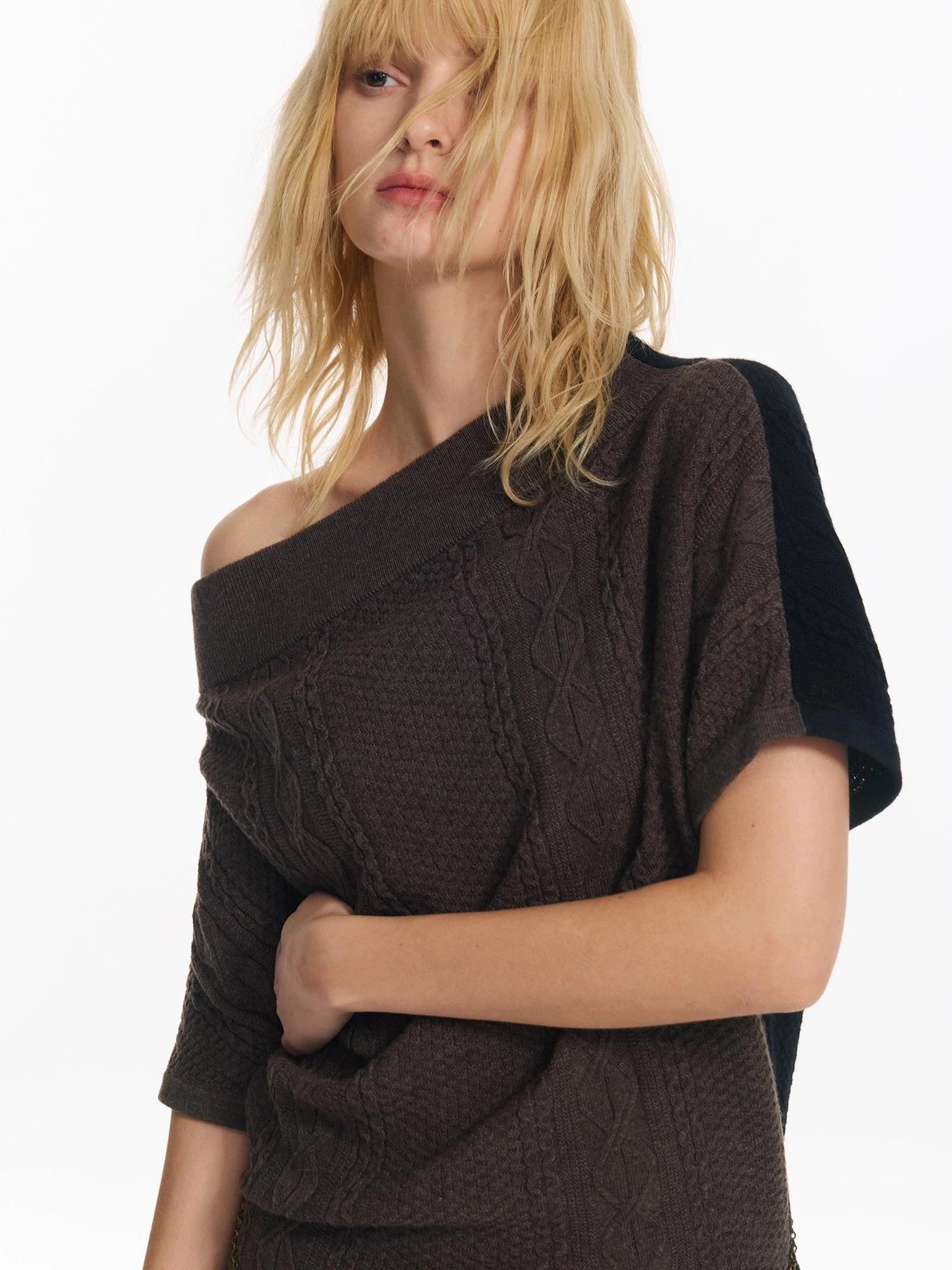 Colorblock Slouchy Batwing Sweater With Cable Knit