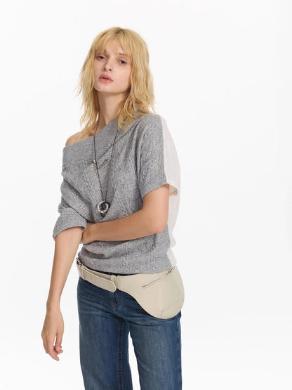 Colorblock Slouchy Batwing Sweater With Cable Knit