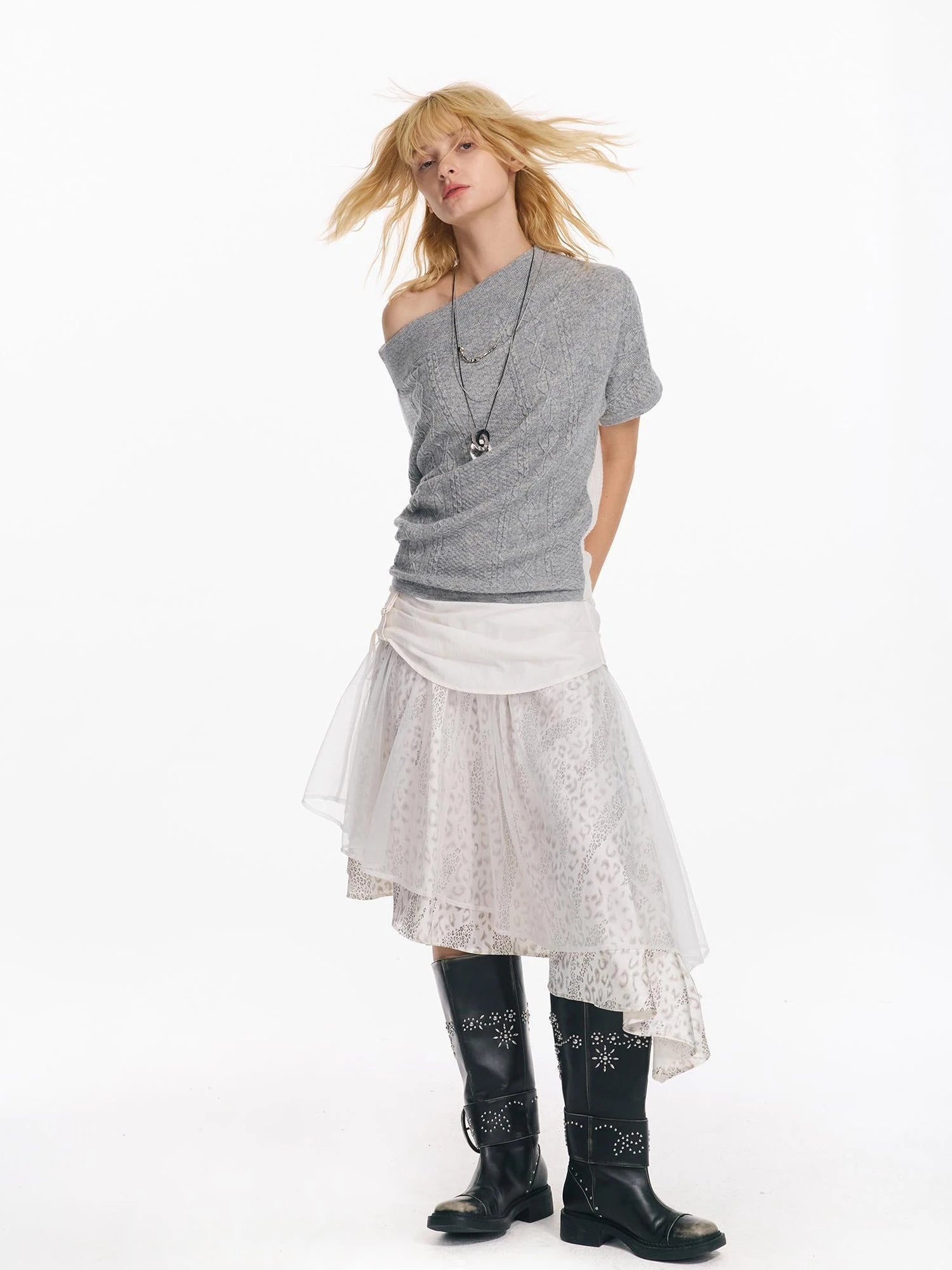 Colorblock Slouchy Batwing Sweater With Cable Knit