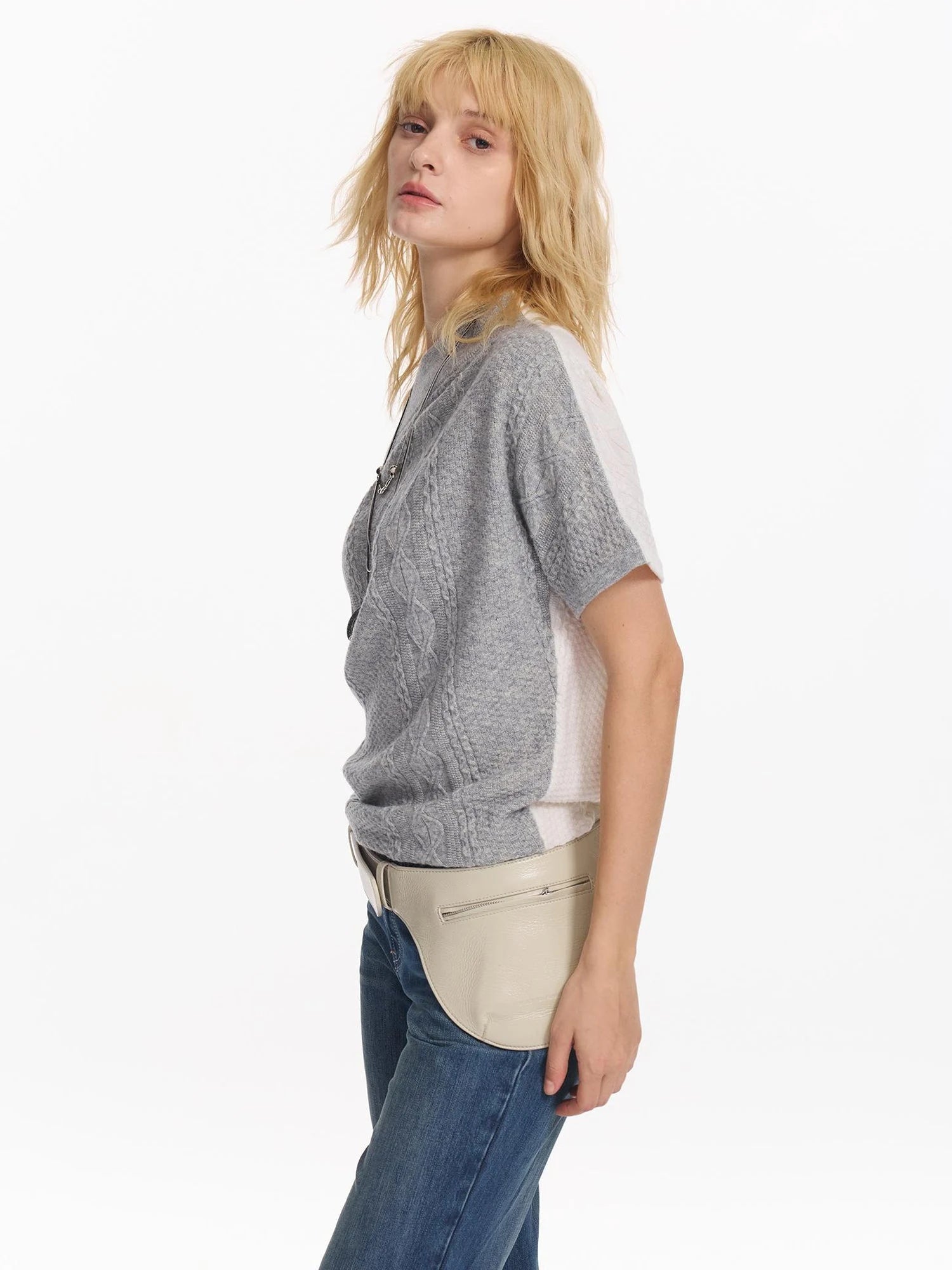 Colorblock Slouchy Batwing Sweater With Cable Knit