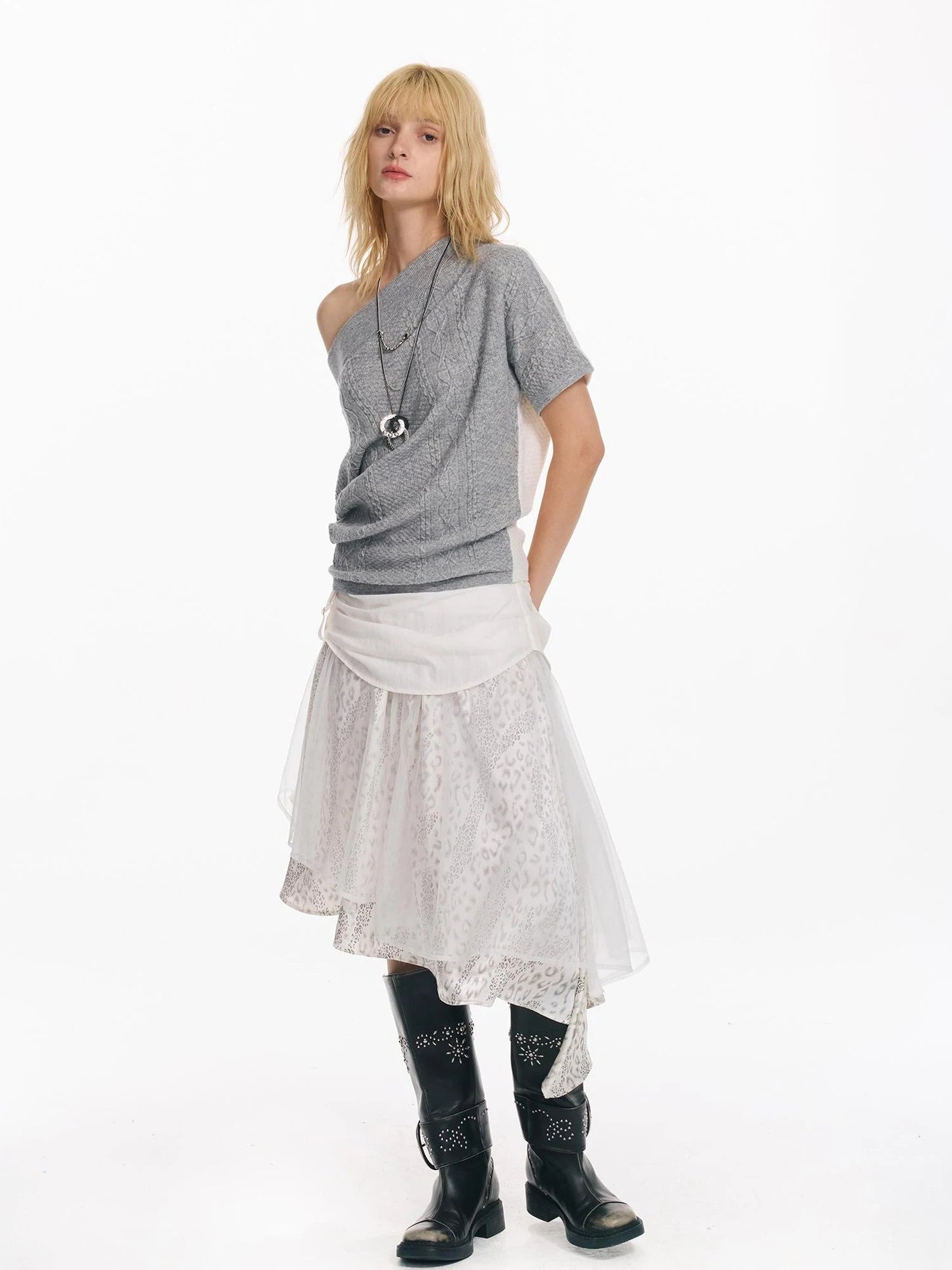 Colorblock Slouchy Batwing Sweater With Cable Knit