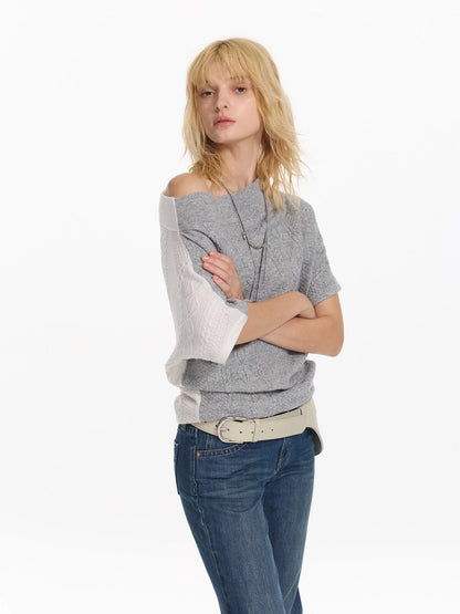 Colorblock Slouchy Batwing Sweater With Cable Knit