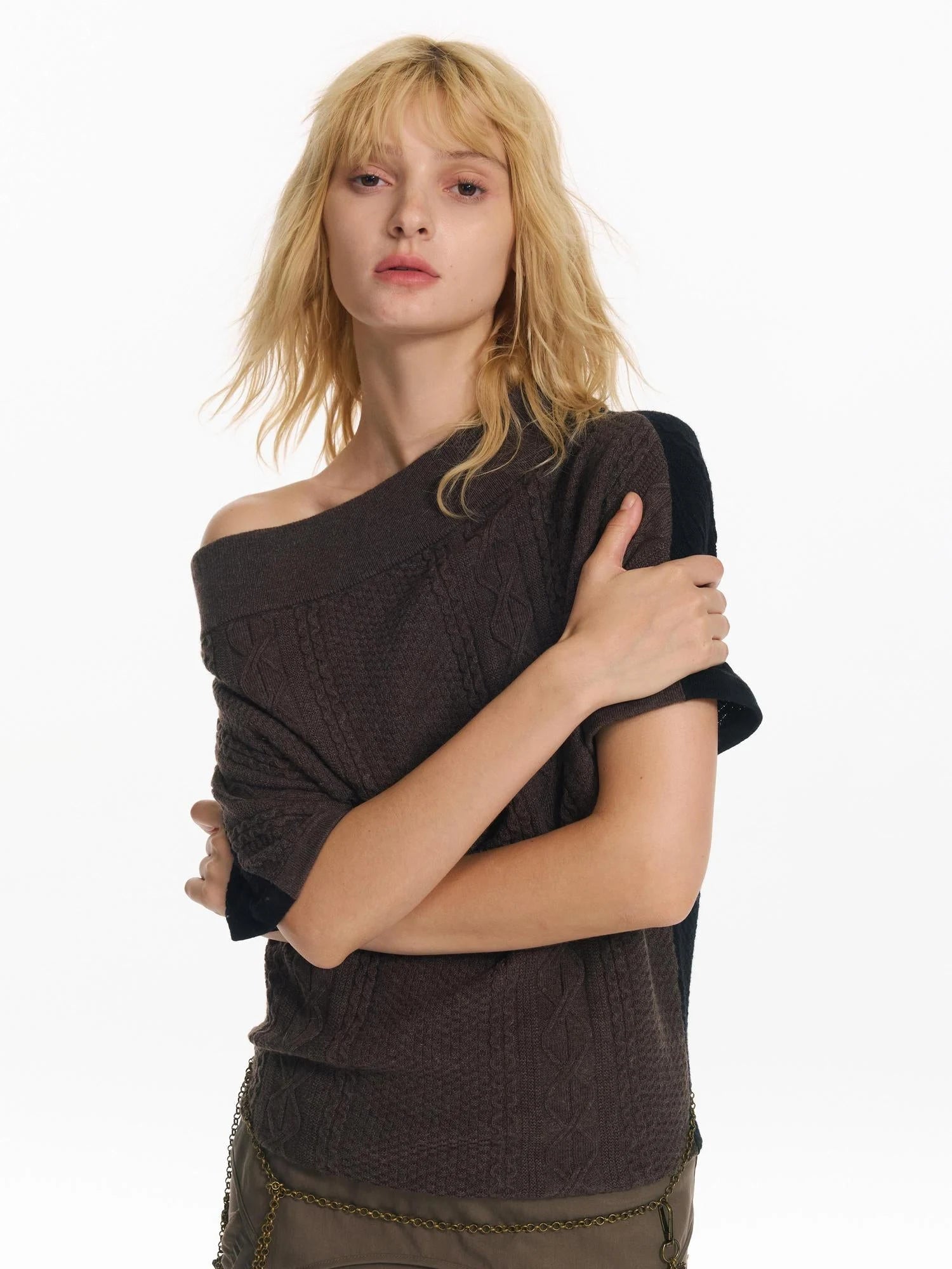 Colorblock Slouchy Batwing Sweater With Cable Knit