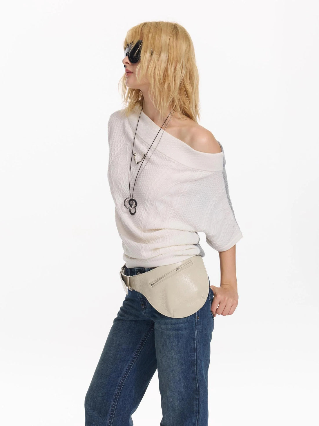 Colorblock Slouchy Batwing Sweater With Cable Knit