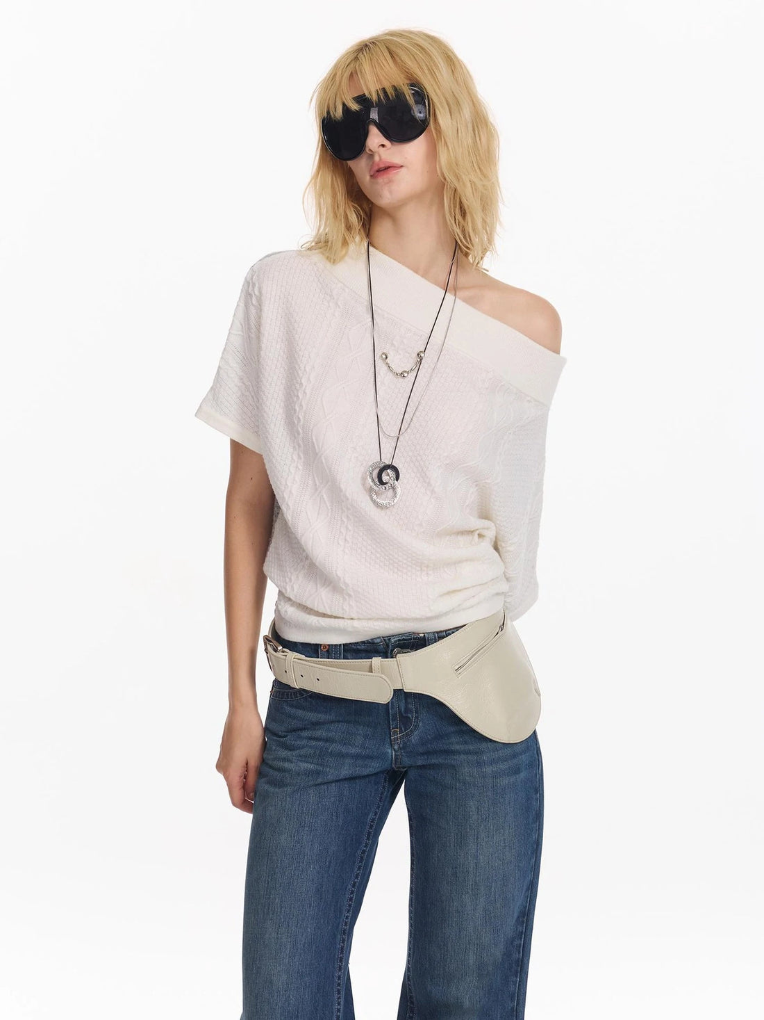 Colorblock Slouchy Batwing Sweater With Cable Knit
