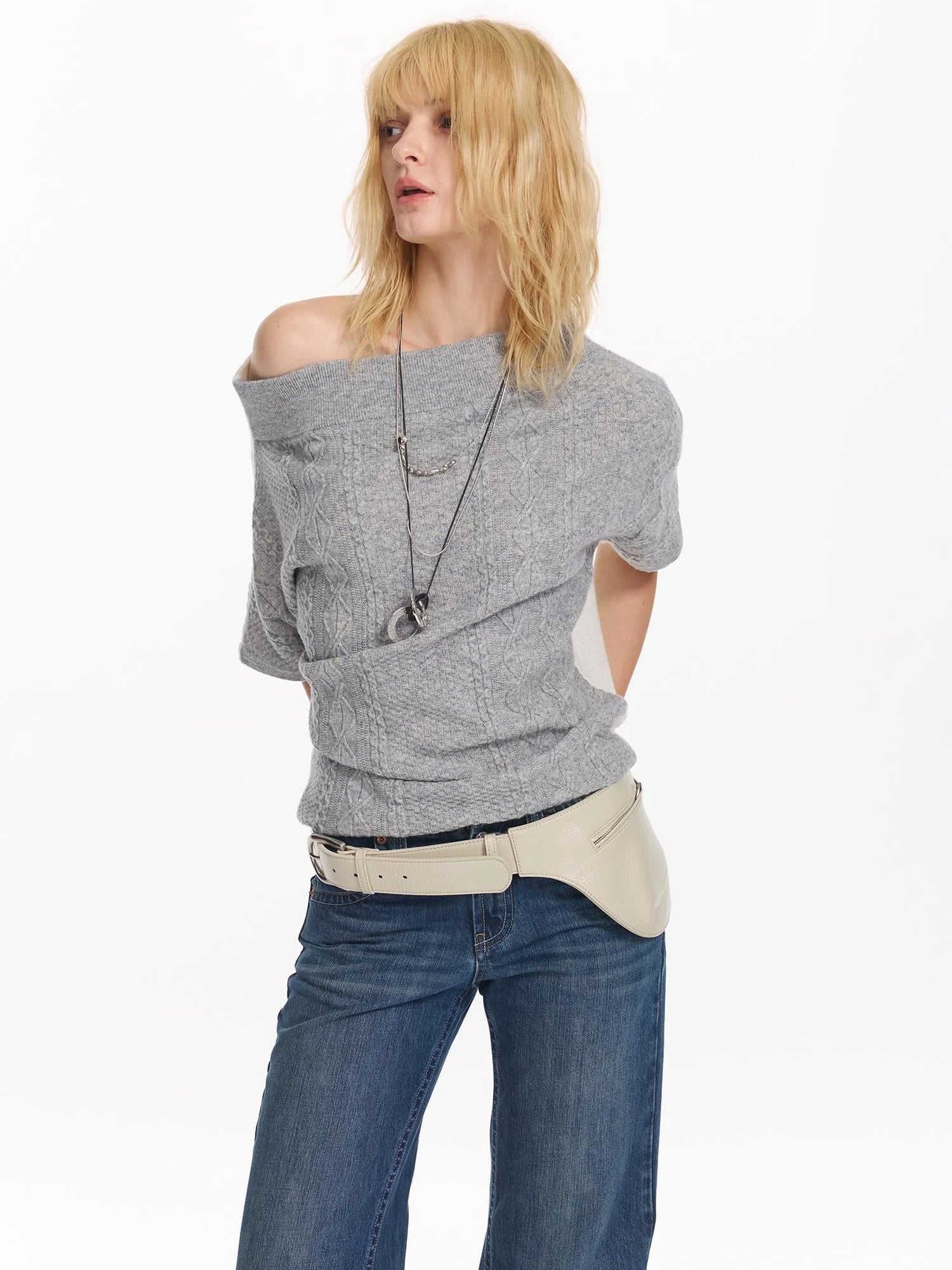 Colorblock Slouchy Batwing Sweater With Cable Knit