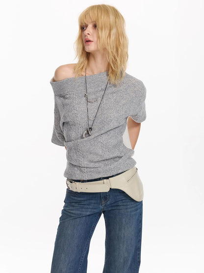 Colorblock Slouchy Batwing Sweater With Cable Knit