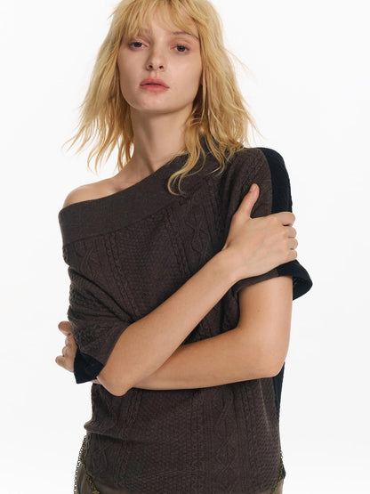 Colorblock Slouchy Batwing Sweater With Cable Knit