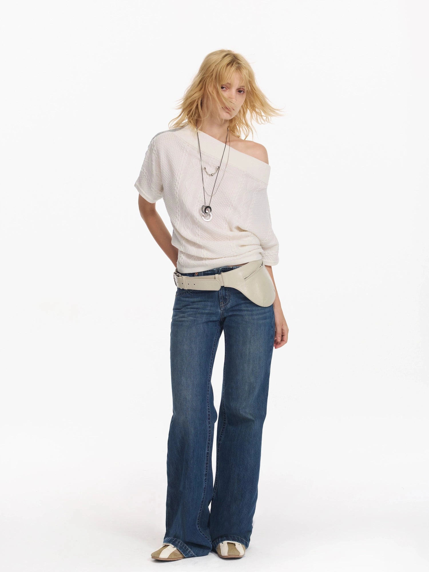 Colorblock Slouchy Batwing Sweater With Cable Knit