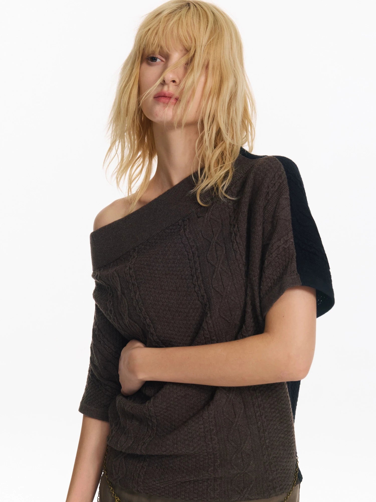 Colorblock Slouchy Batwing Sweater With Cable Knit