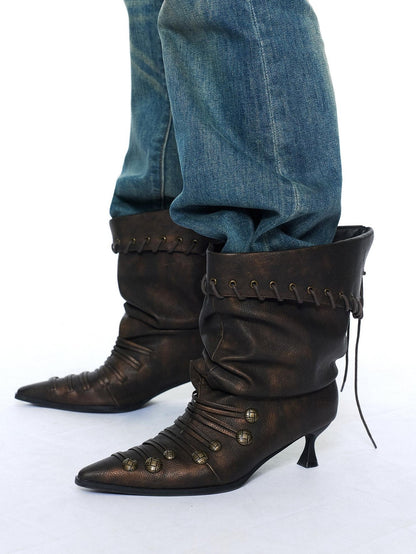 2th Desire Cross Strap Faux Leather Mid Calf Pointed Toe Low Heel European Chic Boots