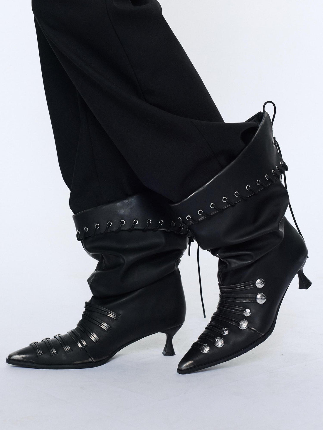 2th Desire Cross Strap Faux Leather Mid Calf Pointed Toe Low Heel European Chic Boots