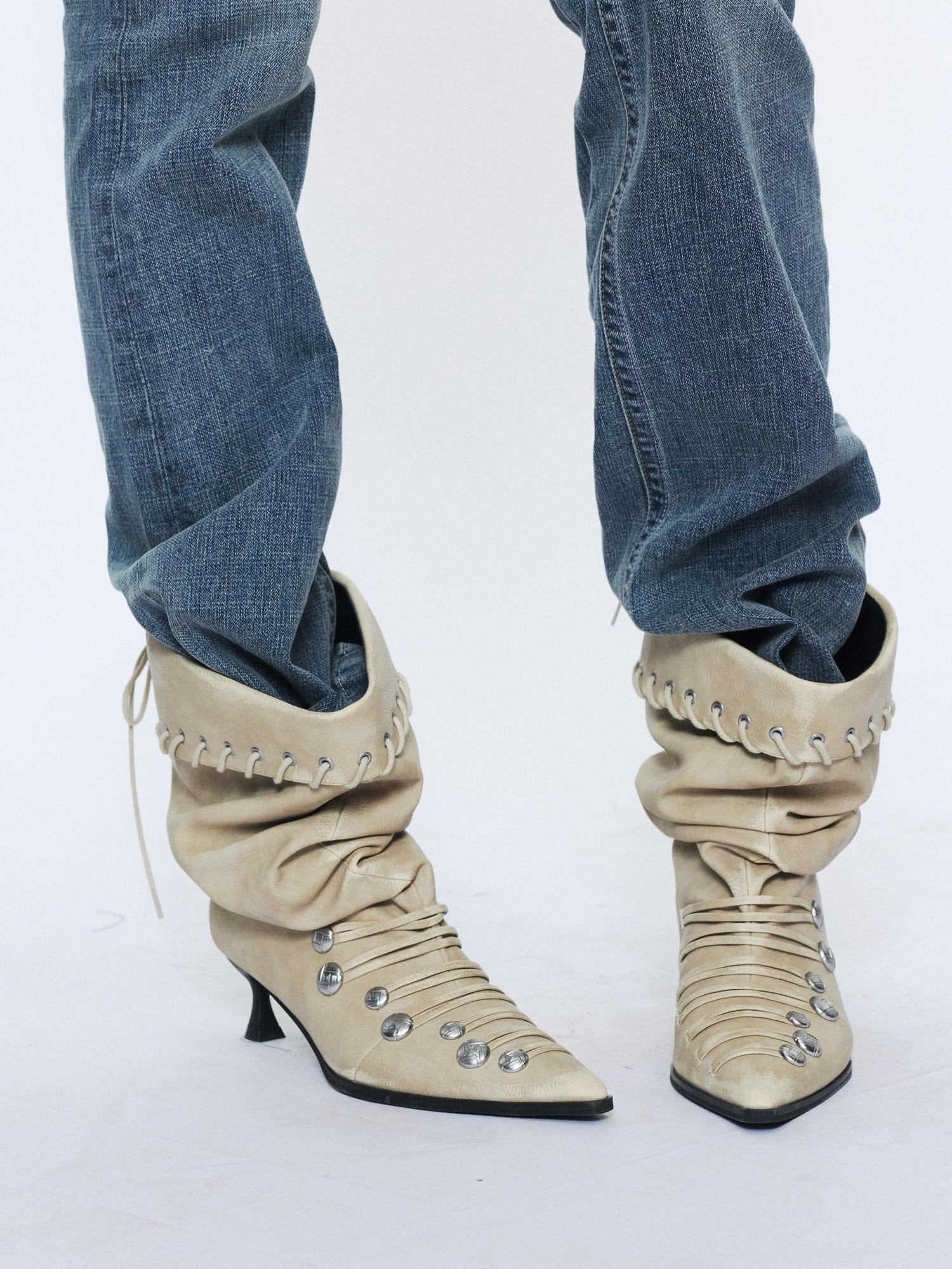 2th Desire Cross Strap Faux Leather Mid Calf Pointed Toe Low Heel European Chic Boots