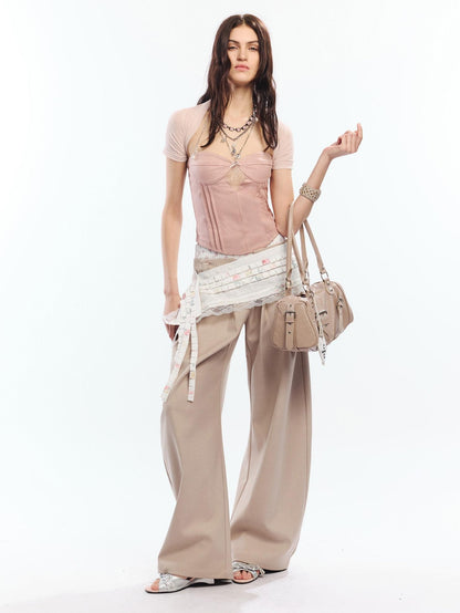 2th Desire Cutout Lace Bow Mesh Vest Two Piece Women&