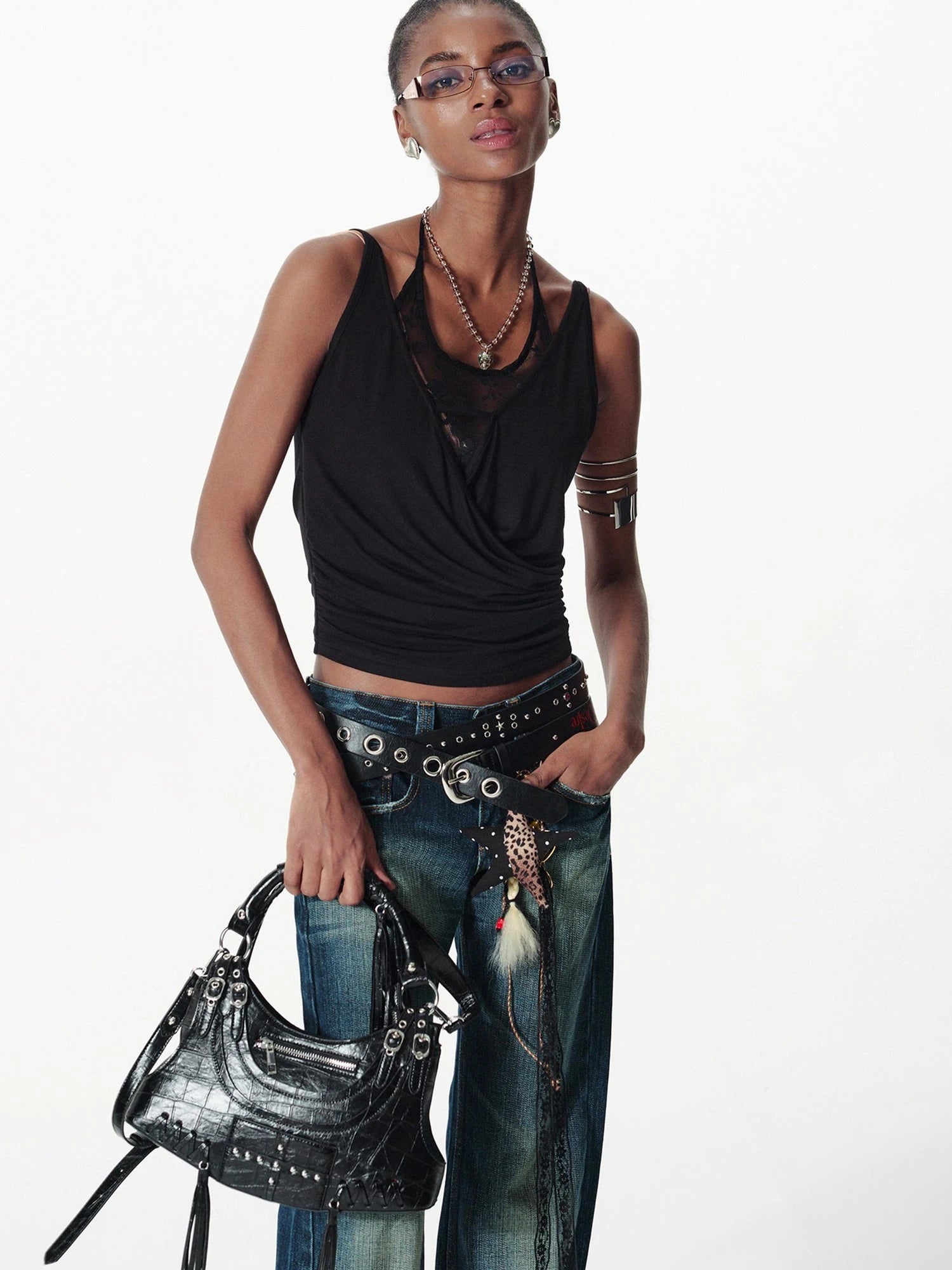 Deconstructed Punk Studded Fringe Crossbody Bag Vintage Style