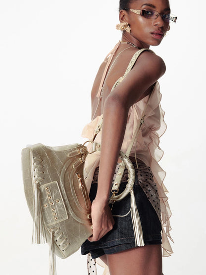 Deconstructed Punk Studded Fringe Crossbody Bag Vintage Style