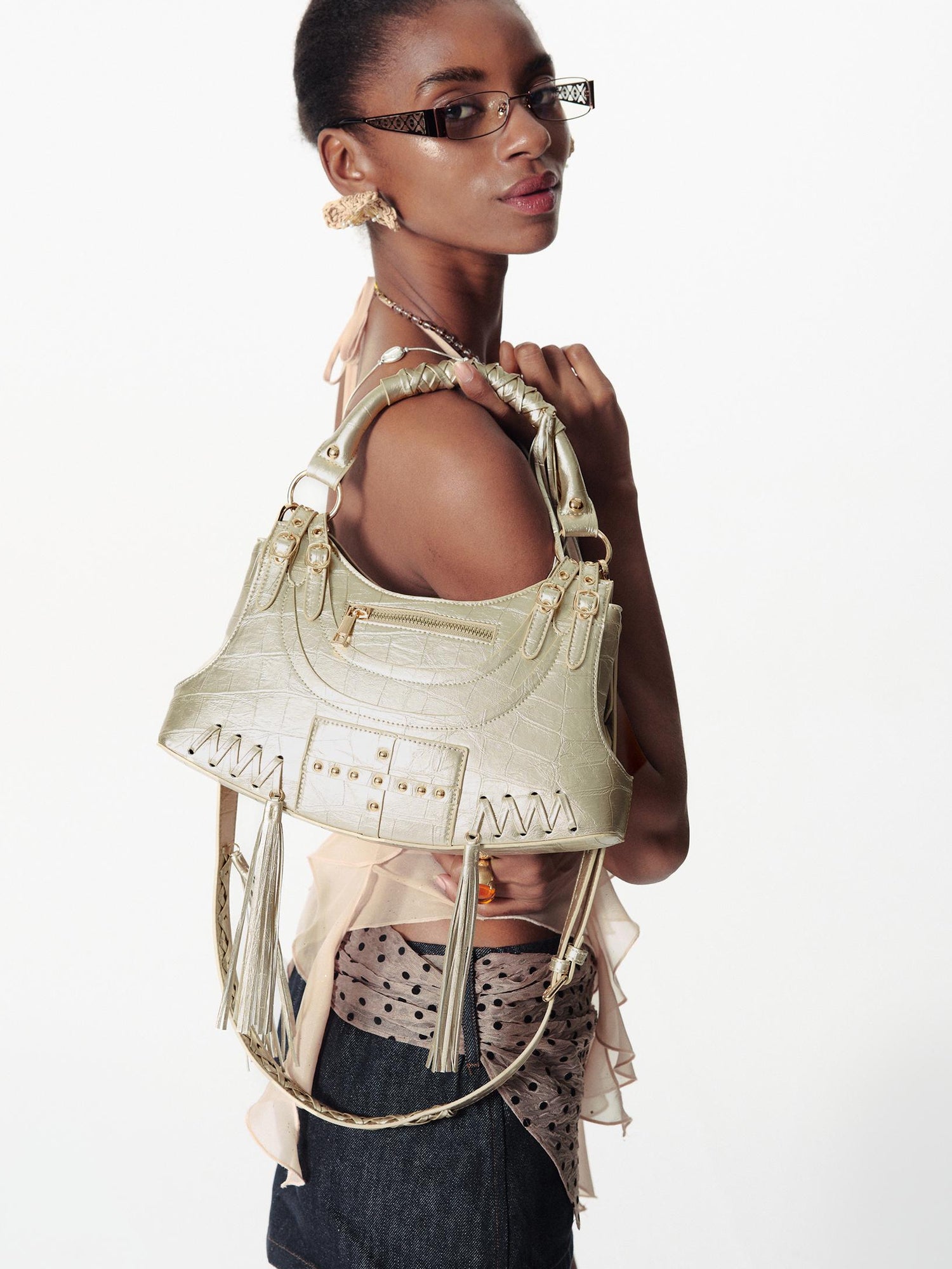2th Desire Deconstructed Punk Studded Fringe Crossbody Bag Vintage Style