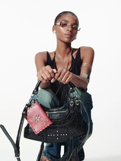 Deconstructed Punk Studded Fringe Crossbody Bag Vintage Style