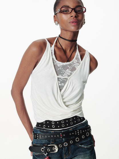 2th Desire Deconstructed V Neck Lace Trim Backless Sleeveless Top