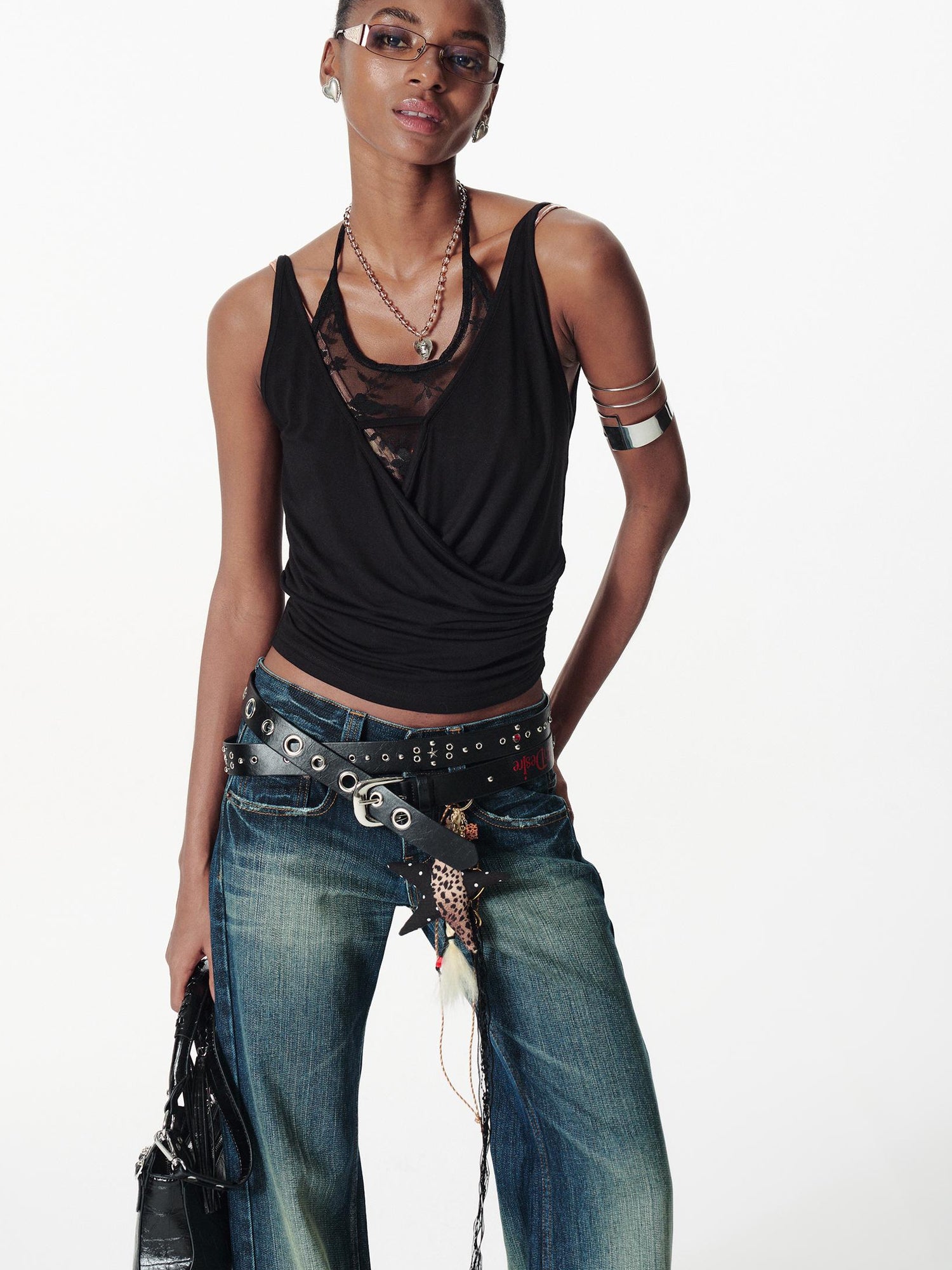 2th Desire Deconstructed V Neck Lace Trim Backless Sleeveless Top