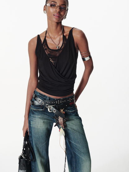 2th Desire Deconstructed V Neck Lace Trim Backless Sleeveless Top