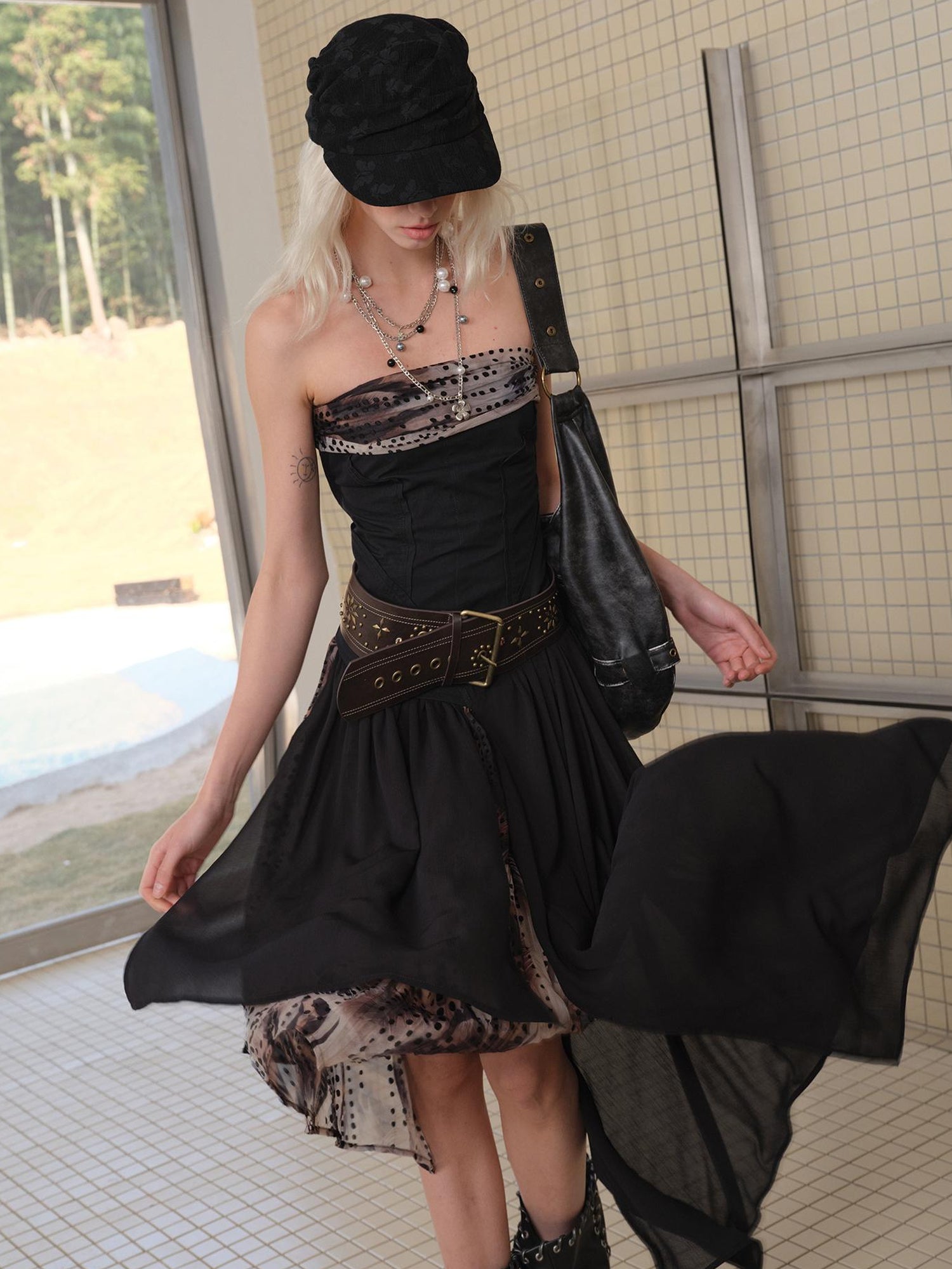 2th Desire Deconstructed Vintage Drape Asymmetrical Ruffle Mesh Dress