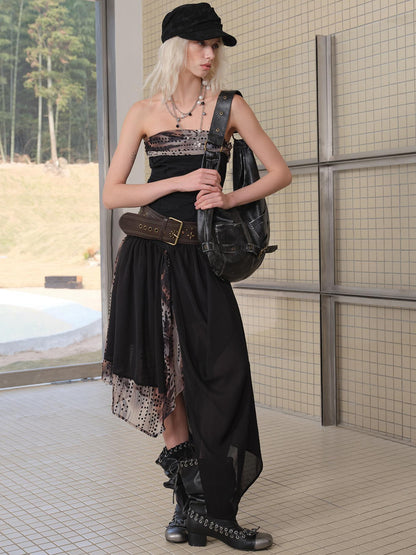 2th Desire Deconstructed Vintage Drape Asymmetrical Ruffle Mesh Dress