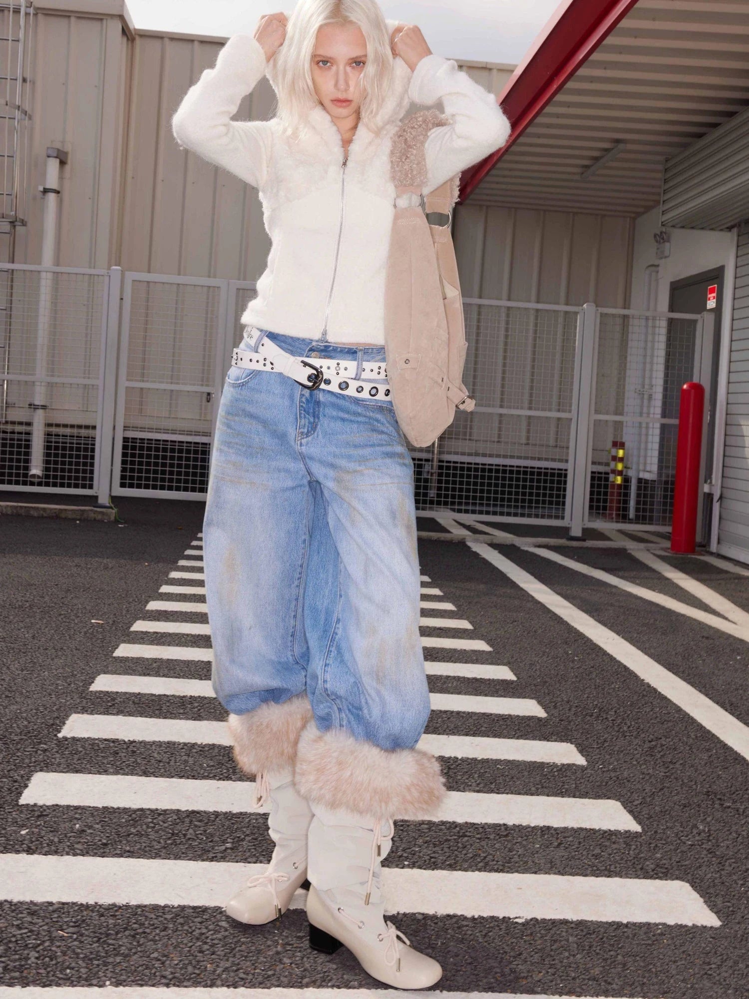 Detachable Faux Fur Collar Stacked Ballet Boots