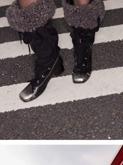 Detachable Faux Fur Collar Stacked Ballet Boots