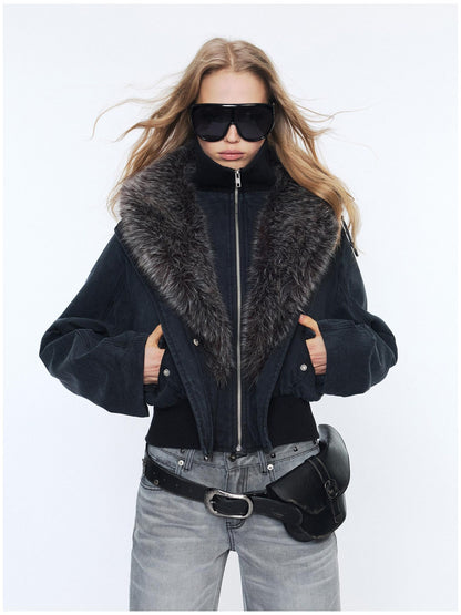 2th Desire Detachable Fur Collar Vintage Slim 100% Cotton Womens Zipper Cropped Jackets