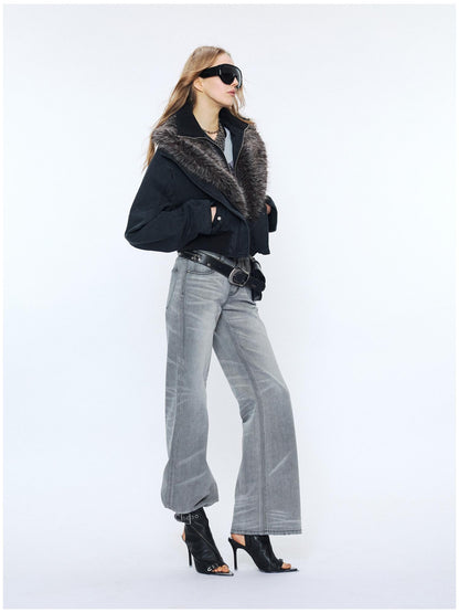 2th Desire Detachable Fur Collar Vintage Slim 100% Cotton Womens Zipper Cropped Jackets