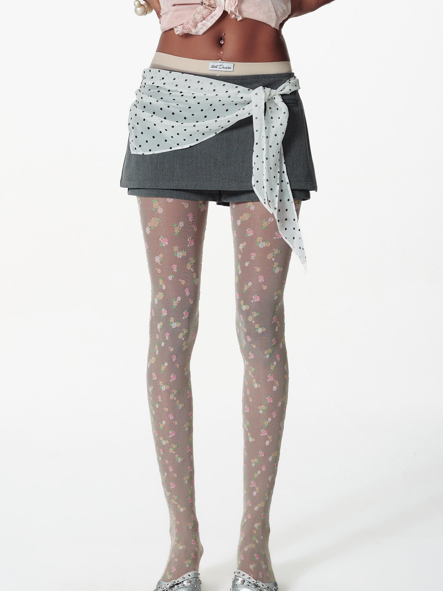 2th Desire Detachable Polka Dot Scarf Dress With Denim Skirt Pants