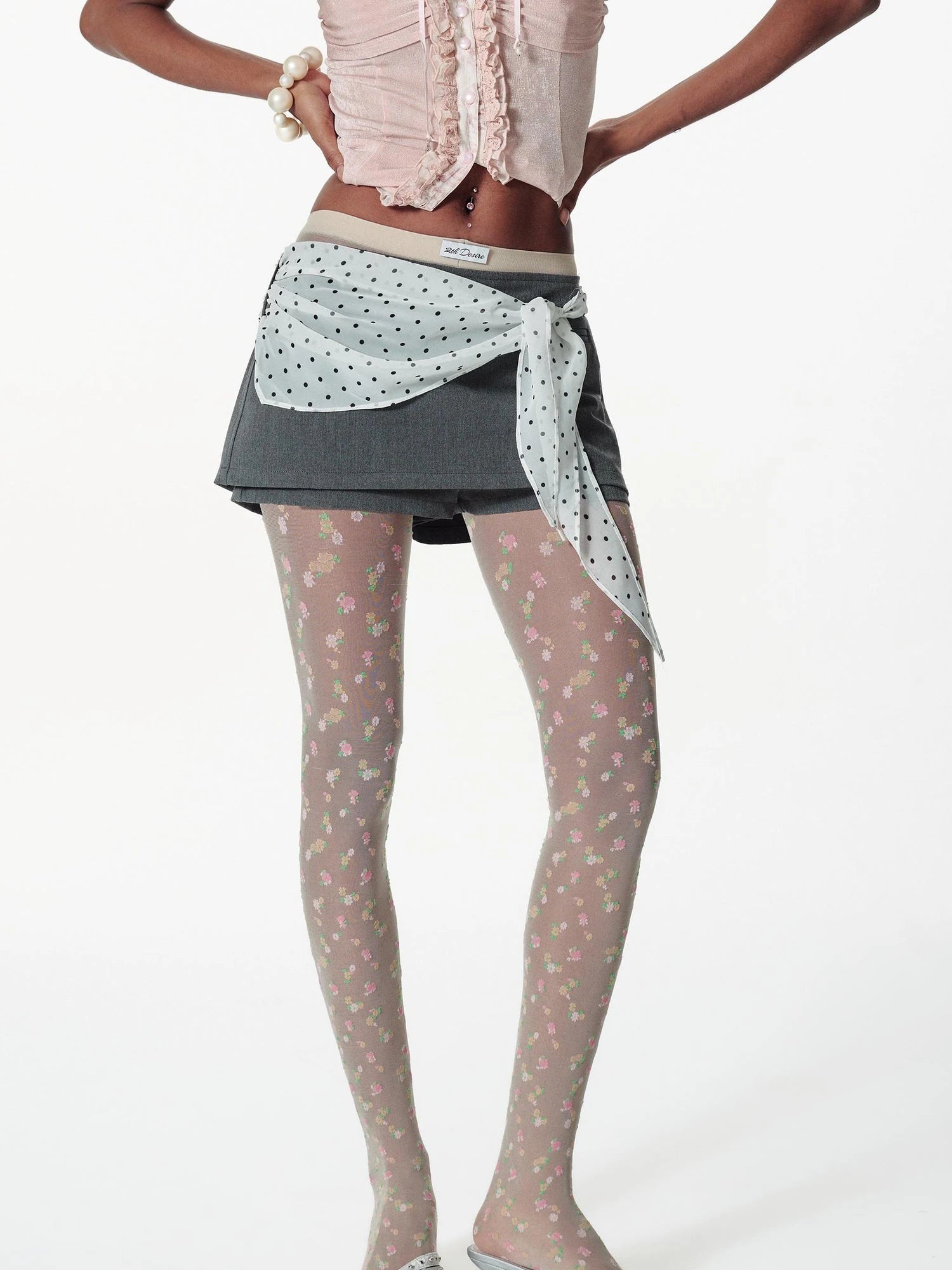 Detachable Polka Dot Scarf Dress With Denim Skirt Pants