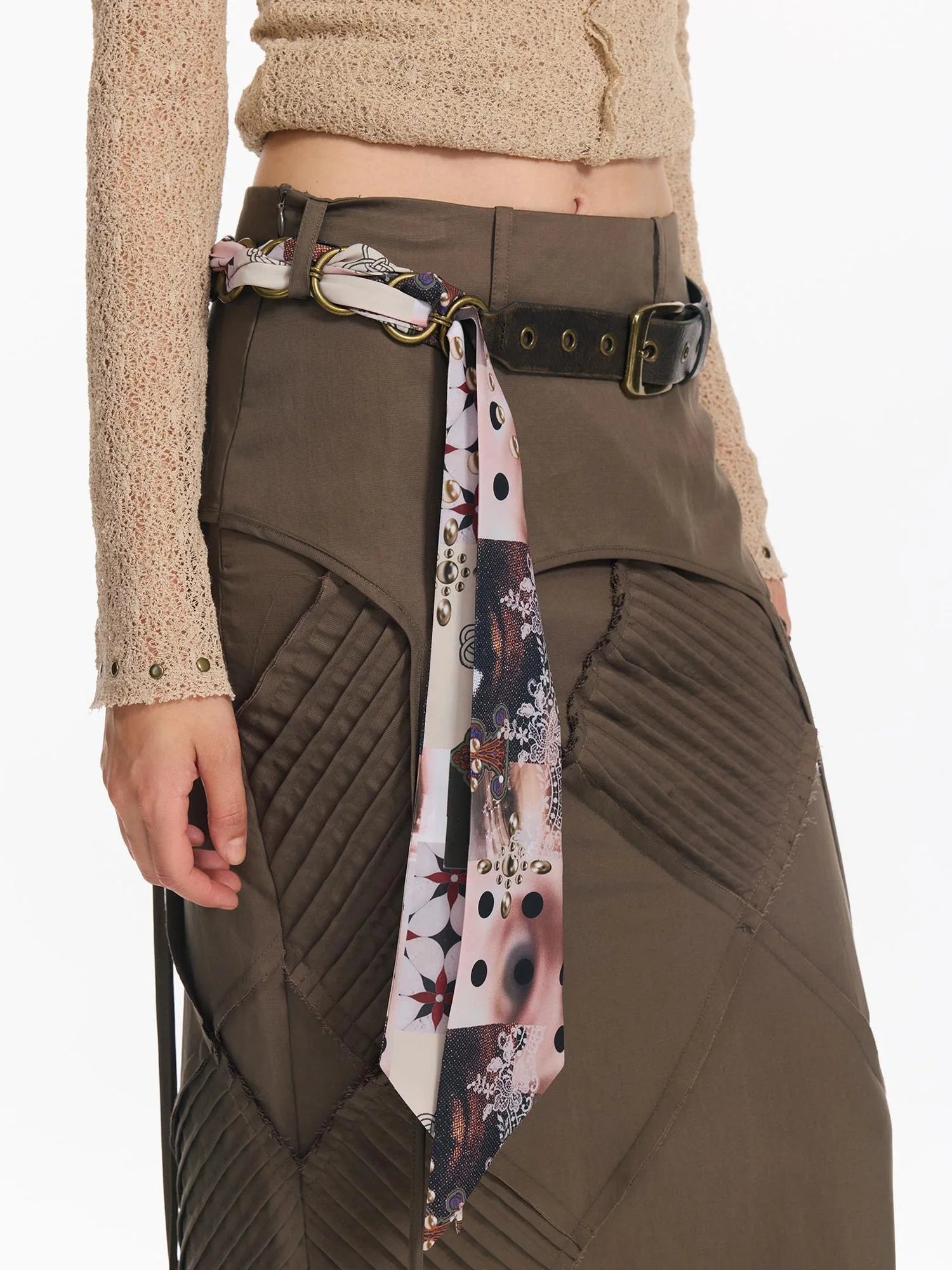 Detachable Vintage Print Scarf Rivet Punk Belt