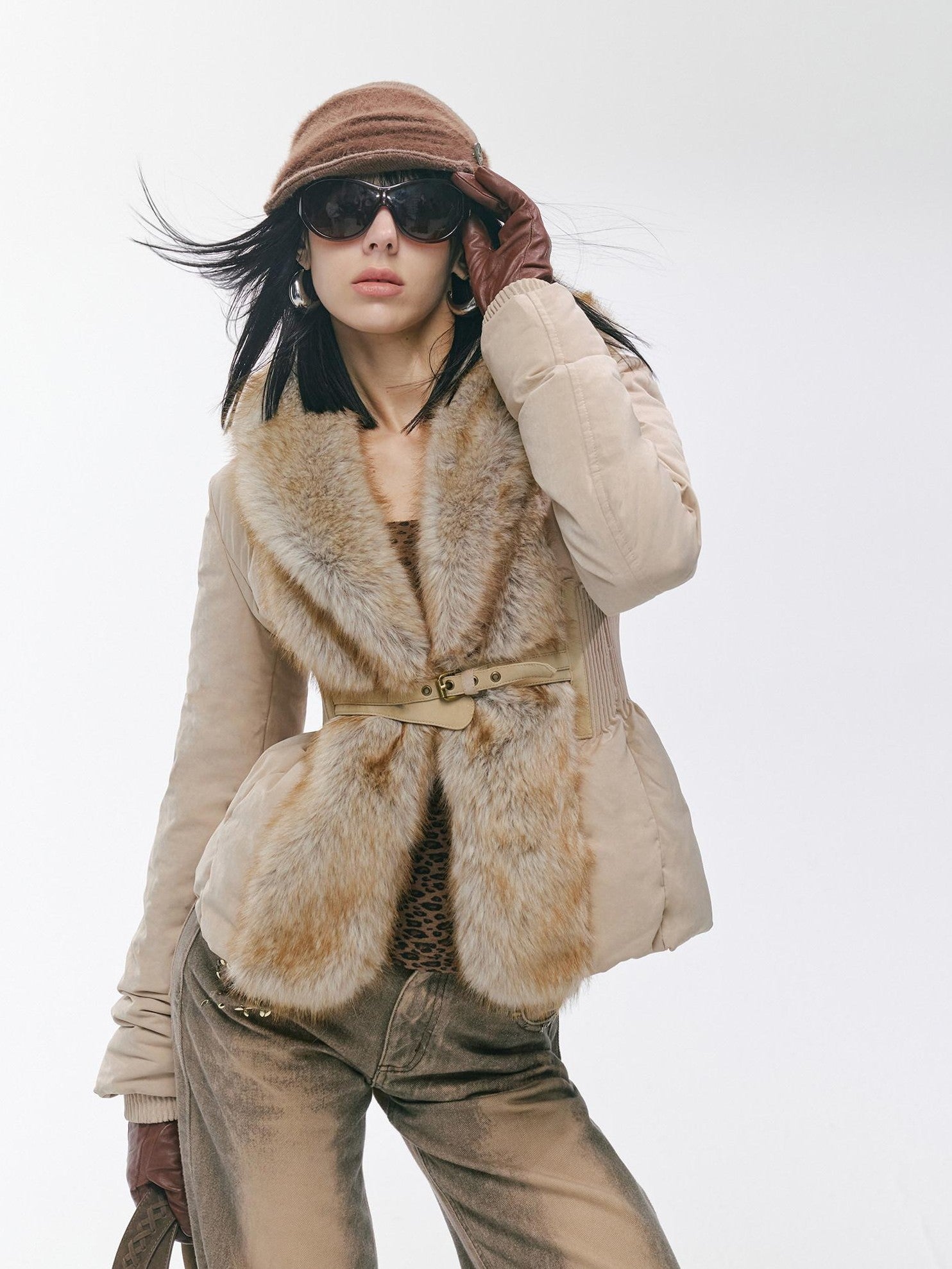 2th Desire Distressed Fur Trim Lapel Slim Fit Women&