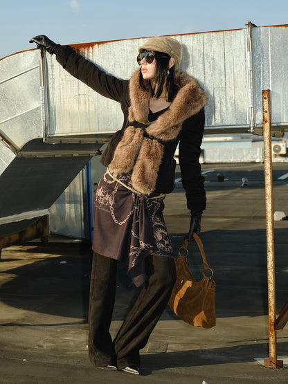 2th Desire Distressed Fur Trim Lapel Slim Fit Women&