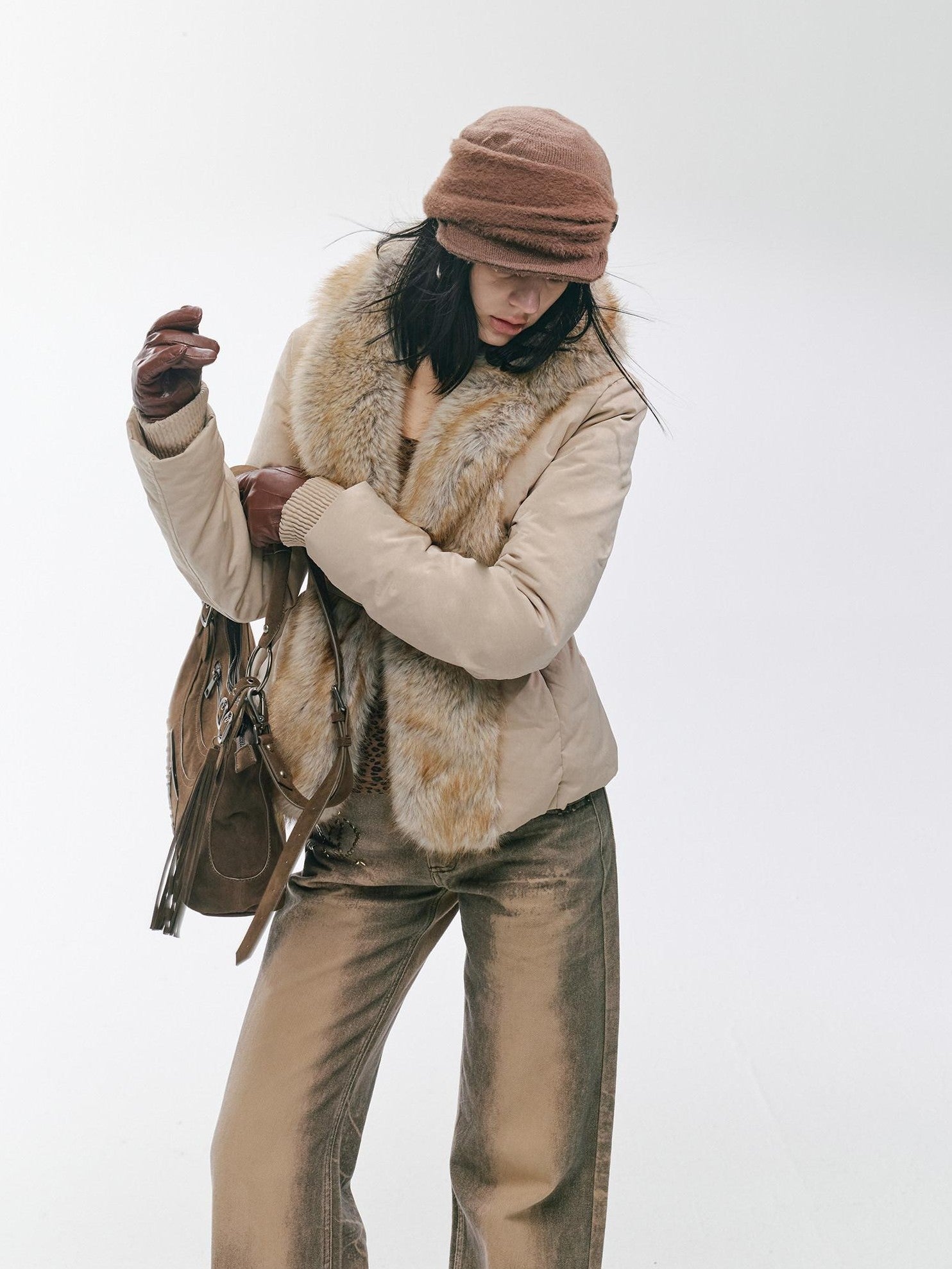 2th Desire Distressed Fur Trim Lapel Slim Fit Women&