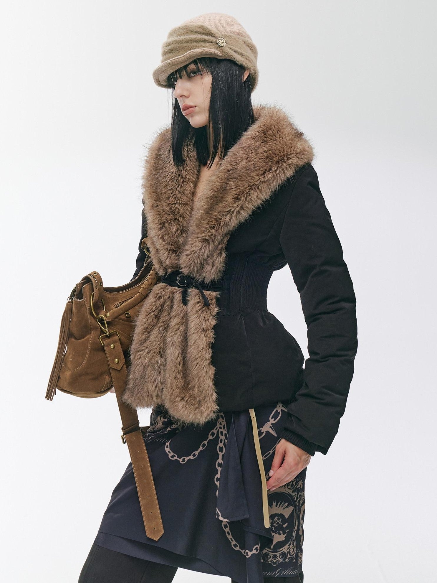 2th Desire Distressed Fur Trim Lapel Slim Fit Women&